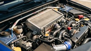 Close-up of a Subaru WRX turbocharged engine bay showing detailed metallic textures with subtle heat haze distortion ripples rising from the components, illustrating engine heat soak on a hot day.