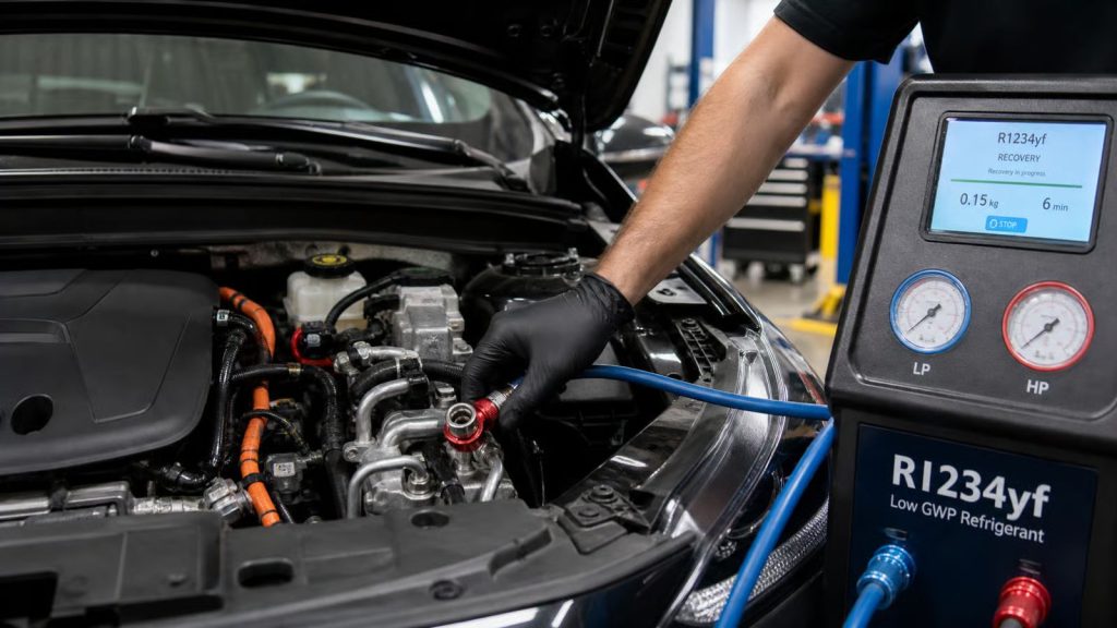 Professional automotive technician connecting an R1234yf refrigerant recovery machine hose to a modern vehicle's engine bay in a San Antonio auto repair shop.