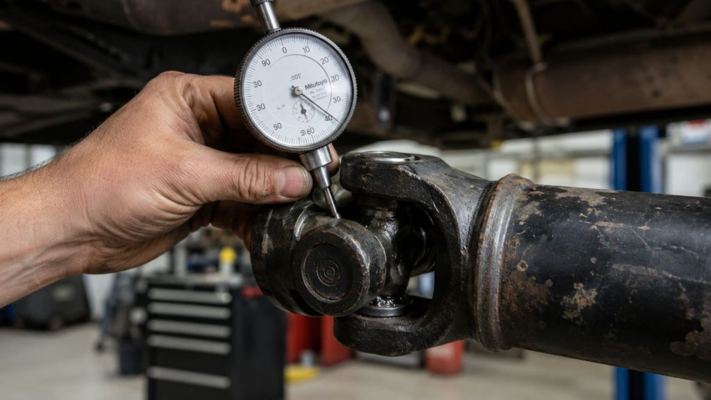 A mechanic uses a dial indicator to measure radial play on a pickup truck U-joint, a critical diagnostic step for identifying drivetrain shudder.