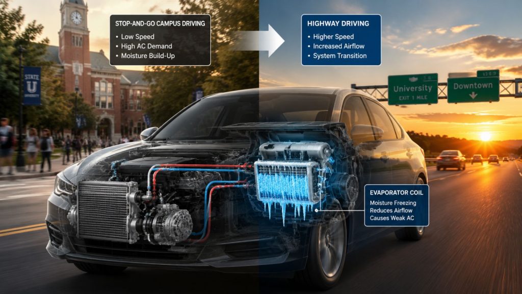 Split-view digital illustration showing a commuter vehicle on a UTSA road with a transparent X-ray overlay of a frozen AC evaporator core and icy coils.