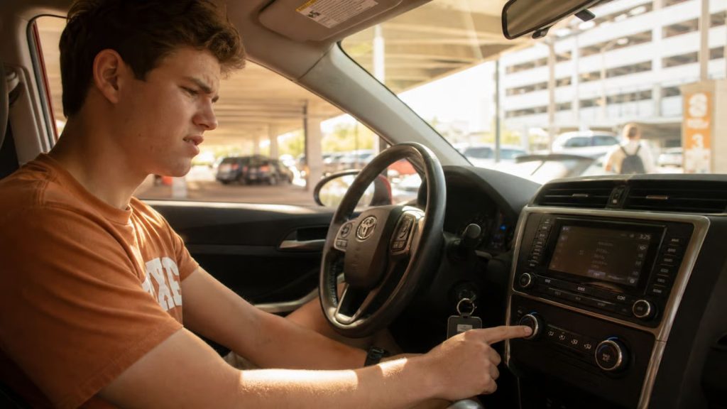 A university student sitting in a parked car inside a sunny garage, looking frustrated while adjusting the air conditioning controls on the dashboard during a hot Texas day.