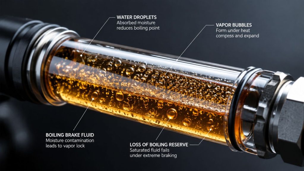 A detailed macro render of automotive brake fluid inside a clear hydraulic line, displaying suspended water droplets and forming vapor bubbles to illustrate the risk of fluid boiling in extreme heat.