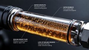 A detailed macro render of automotive brake fluid inside a clear hydraulic line, displaying suspended water droplets and forming vapor bubbles to illustrate the risk of fluid boiling in extreme heat.