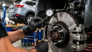A professional auto technician using a dial indicator tool to precisely measure brake rotor runout in a clean repair shop environment.