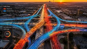 A view of a busy Interstate 410 highway interchange at sunset with a digital heat-map overlay depicting traffic congestion and driving behavior patterns.