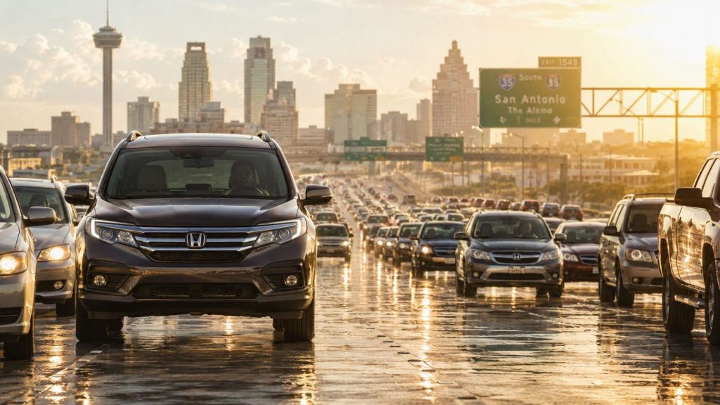 A car idling in heat traffic on a San Antonio highway, with the intense asphalt heat strain on the AC condenser during a triple-digit afternoon.