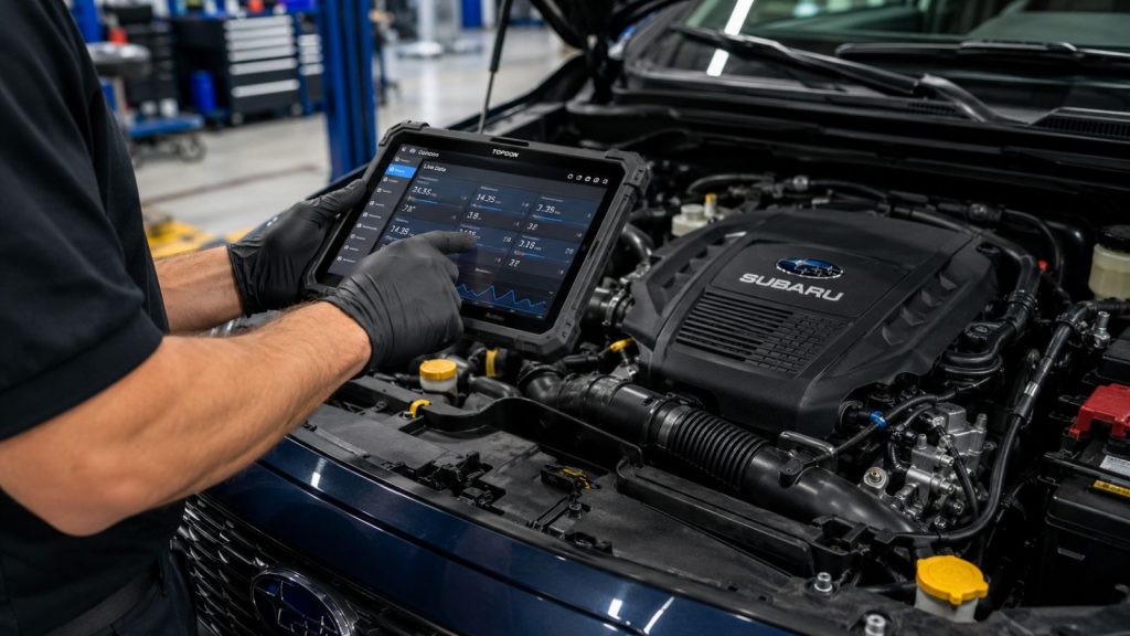 A professional technician at Ruben's Auto Repair in San Antonio using a digital diagnostic tablet to scan a Subaru engine, emphasizing precision automotive maintenance for South Texas heat and local driving conditions.