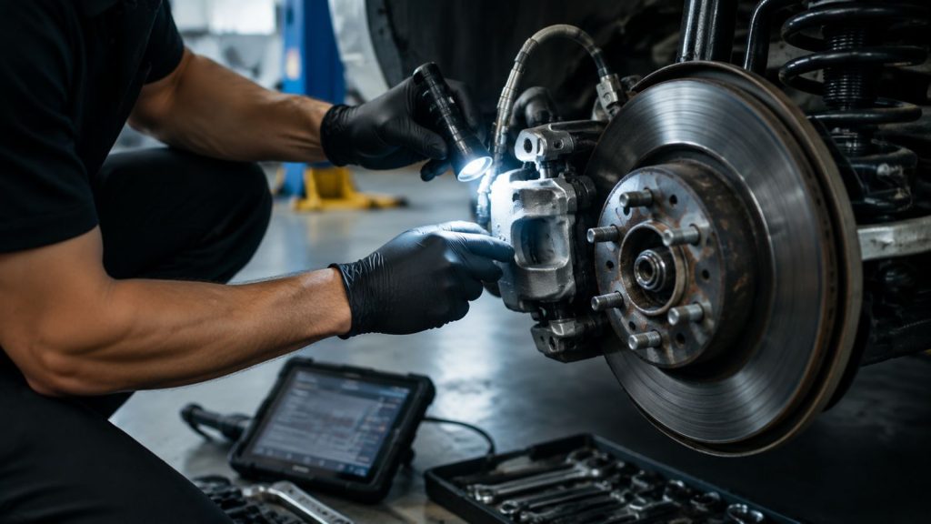 A professional automotive technician carefully inspecting a car's brake assembly, specifically the caliper and hydraulic hoses, in a modern, well-lit repair shop.