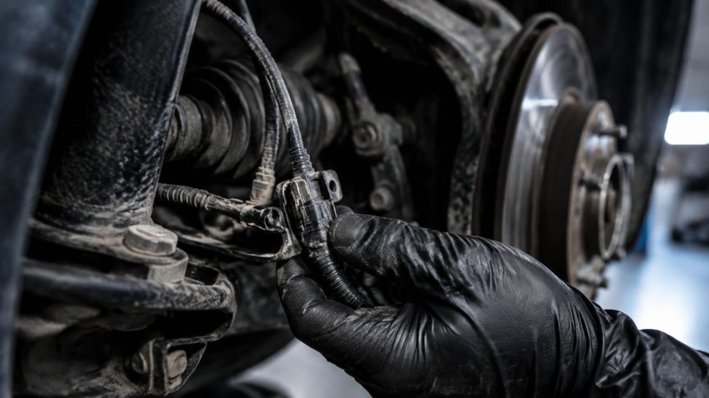 A macro shot of a mechanic's gloved hand inspecting a dusty, corroded wheel-speed sensor connector located within a vehicle's wheel well, with a blurred brake rotor and caliper assembly in the background.