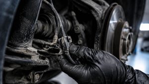 A macro shot of a mechanic's gloved hand inspecting a dusty, corroded wheel-speed sensor connector located within a vehicle's wheel well, with a blurred brake rotor and caliper assembly in the background.