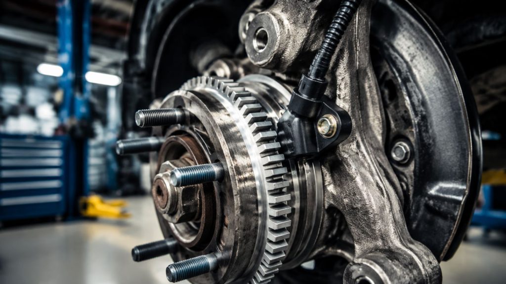 Close-up macro photography of an automotive ABS wheel-speed sensor and the metallic toothed tone ring on a vehicle brake assembly, highlighting the precise engineering and necessary air gap.