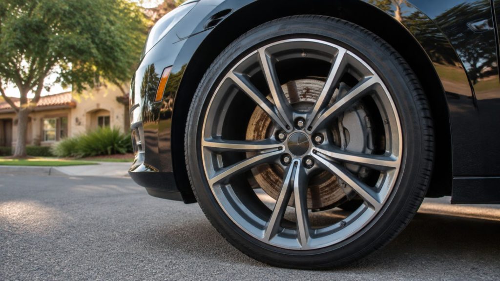 Close-up of a modern vehicle's brake rotor showing early-stage surface rust and oxidation, with a clean, polished wheel rim in the background, parked on a suburban street in San Antonio.