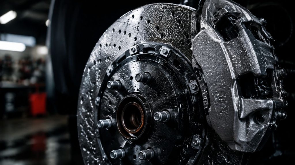 Macro photograph of a vehicle brake rotor and caliper assembly coated in fine rain droplets, illustrating the thin layer of water that affects initial braking friction.