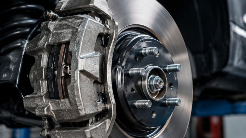 Close-up macro photograph of a car's brake caliper, rotor, and pads, showing detailed metallic textures of a professionally inspected vehicle braking system.