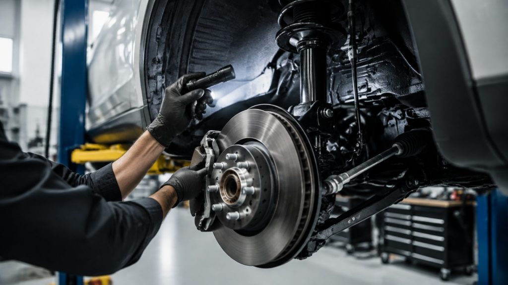 A professional automotive technician in a modern workshop inspecting the brake rotor and suspension assembly on a vehicle raised on a hydraulic lift with the front wheel removed.