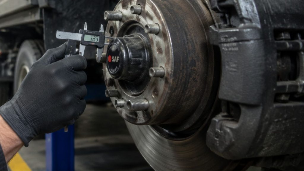 A skilled mechanic in a professional workshop uses precision digital calipers to inspect brake pad wear on a commercial fleet truck, highlighting data-driven maintenance.