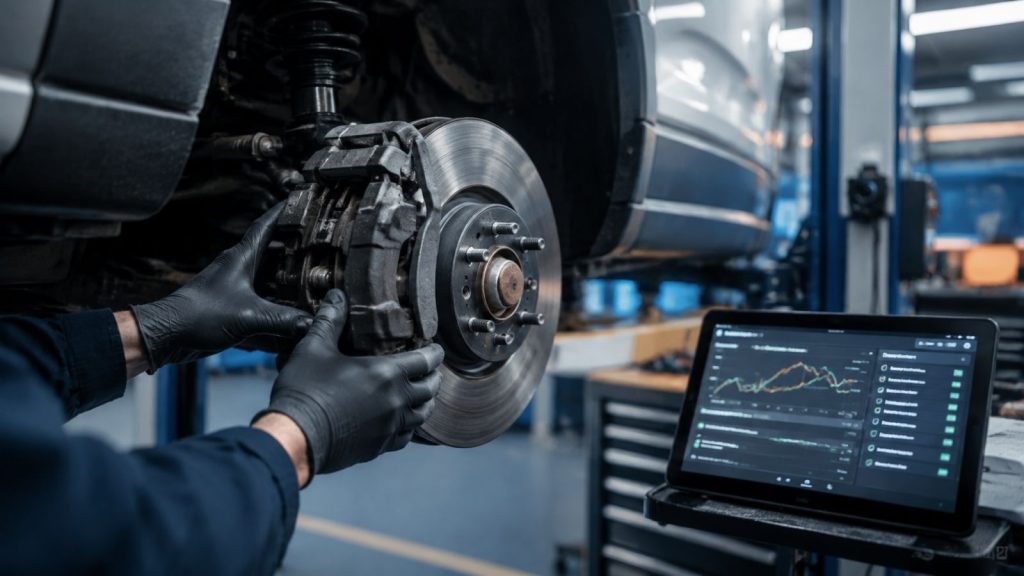 A professional mechanic inspecting the disc brake assembly of a commercial delivery van in a modern automotive service bay, with a digital maintenance tablet visible in the background.