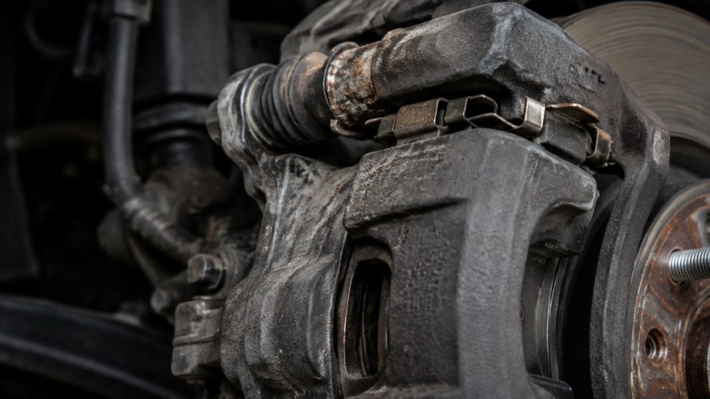 Close-up macro photograph of a car brake caliper assembly focusing on oxidized metal slide pins, retaining clips, and shims, indicating moisture-related hardware corrosion.