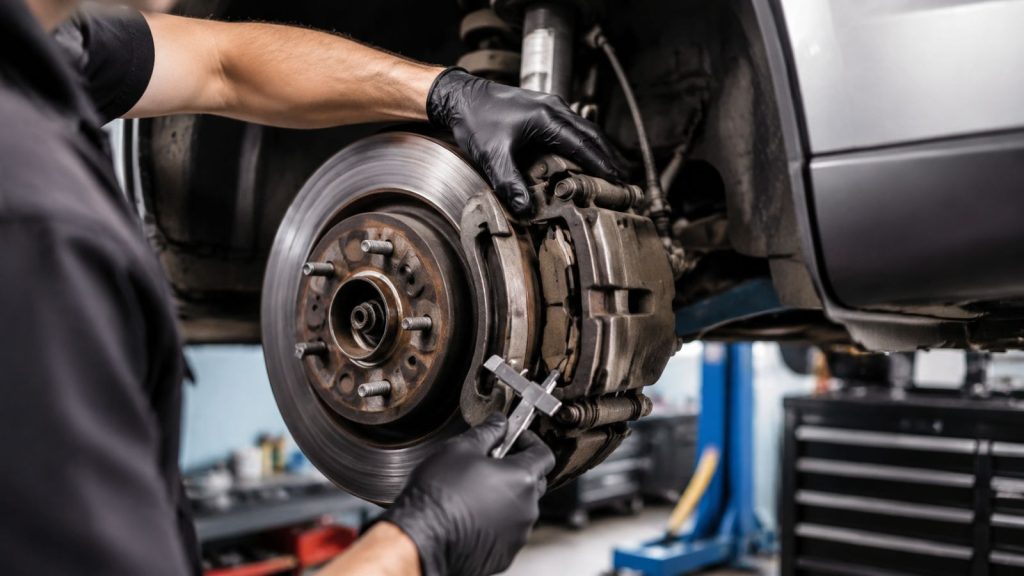 A professional mechanic performing a detailed brake pad and rotor inspection on a family SUV inside a clean auto repair shop.