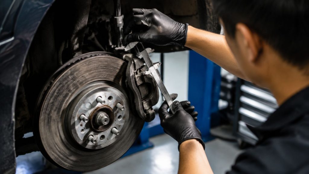 A professional automotive technician in a clean, modern workshop uses diagnostic tools to inspect the brake caliper and rotor assembly on a high-mileage vehicle.